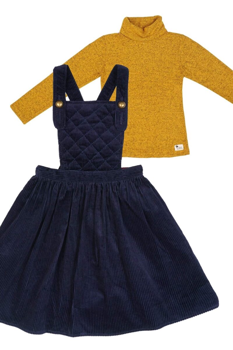 Robe salopette en velours bleu marine avec bretelles croisées dans le dos