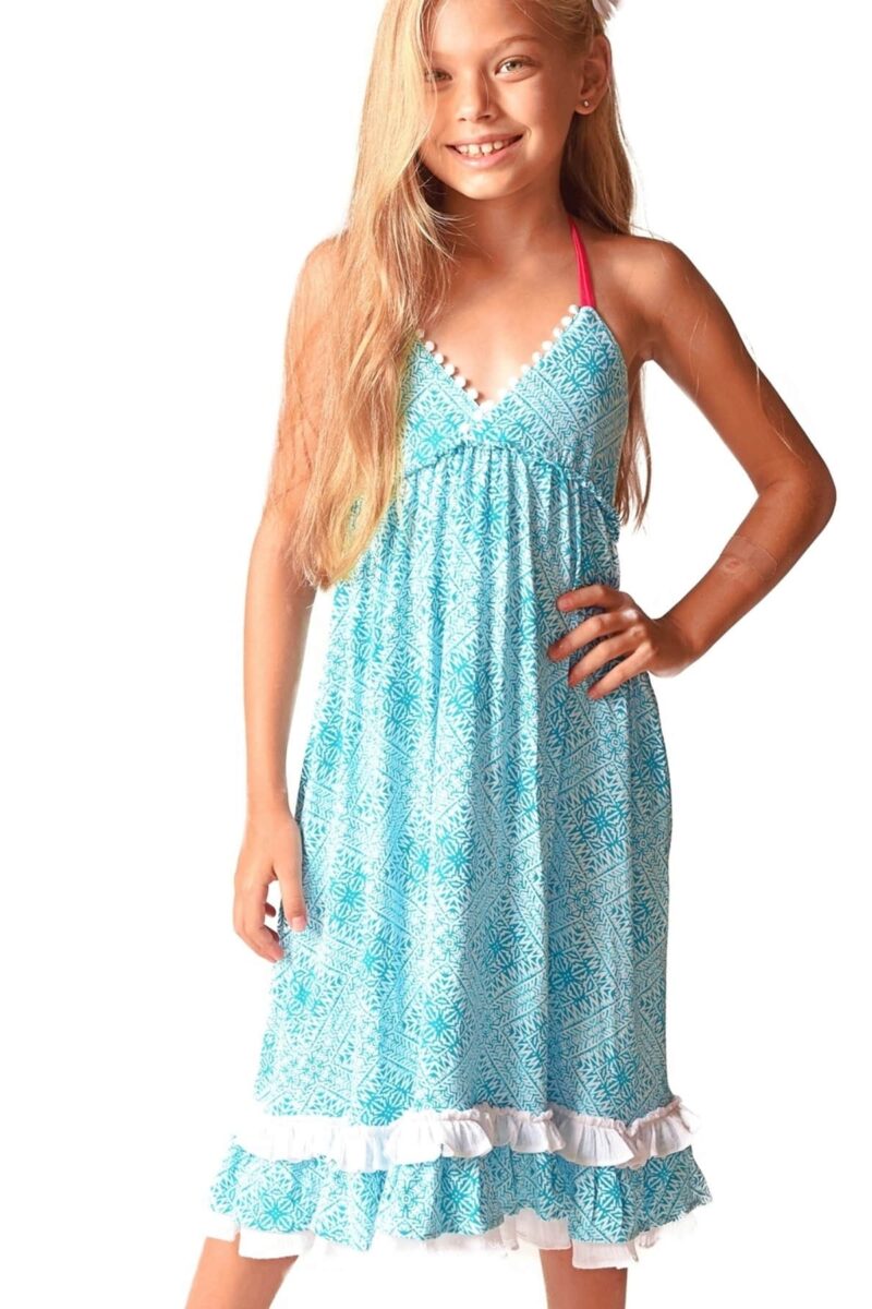 Robe de plage longue en coton jersey vert et blanc