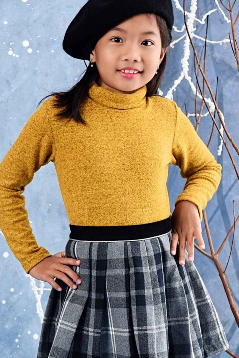 Joli pull col roulé tout doux et chaud couleur jaune pour filles de 2 à 16 ans
