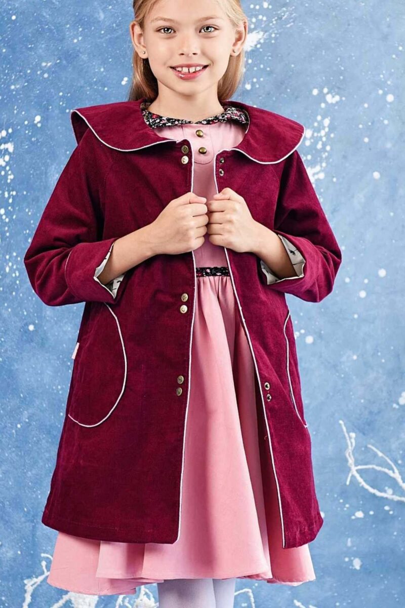 Manteau veste longue à col marin en velours bordeaux prune