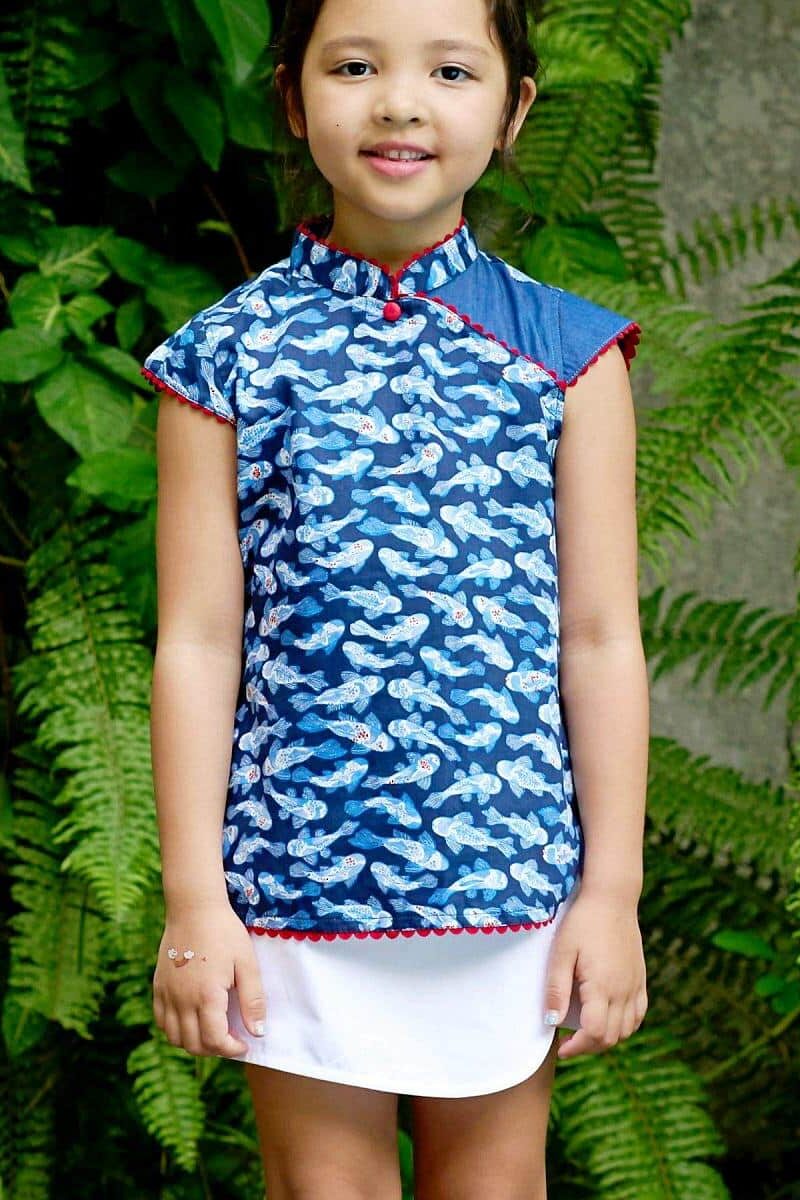 Blouse chinoise en coton imprimé poissons Khoi bleu marine