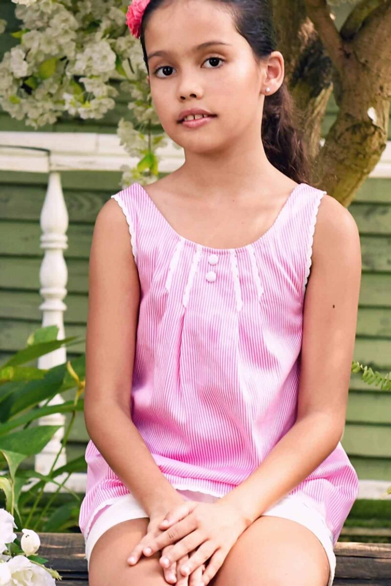 Blouse été fille en coton satiné à fines rayures rose foncé et blanc