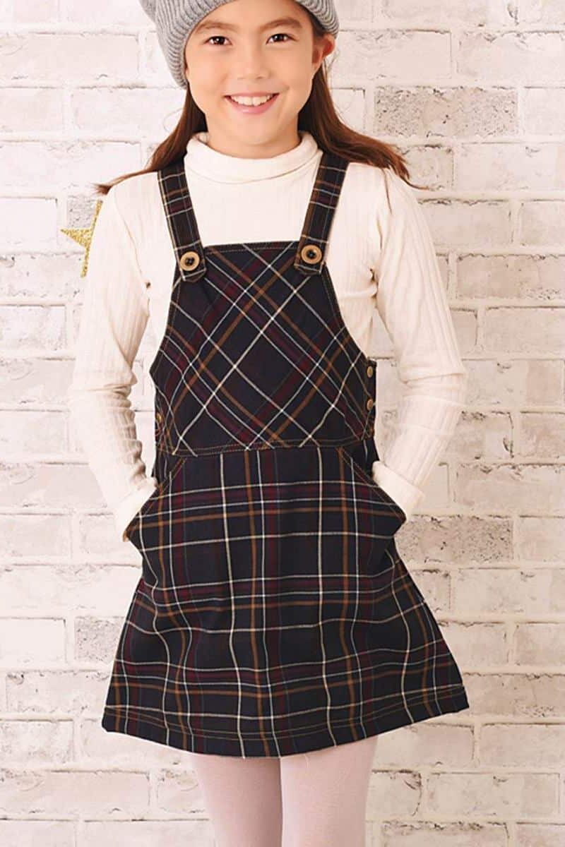 Robe salopette mi-cuisse en carreaux tartan marron