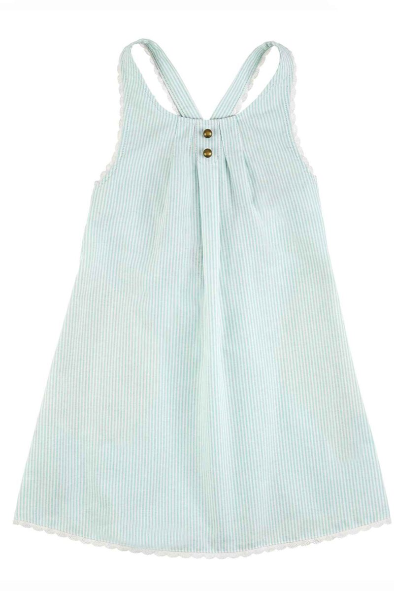 Découvrez cette robe à bretelle d'été couleur vert clair avec rayures et dentelle blanche sur les bords