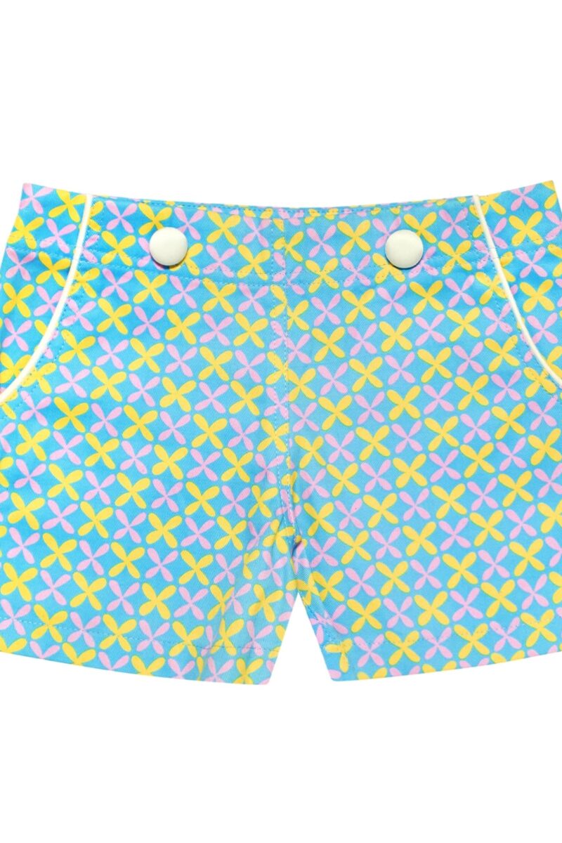 Short bleu turquoise avec fleurs rose et jaune pourr filles et. fillettes de la marque de mode pour enfants LA FAUTE A VOLTAIRE