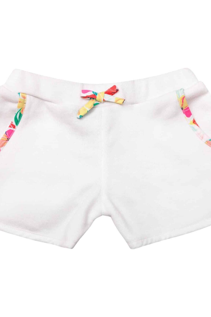 White cotton fleece shorts with elastic waistband and pockets lined with multicolored floral cotton for girls 2 to 12 years old