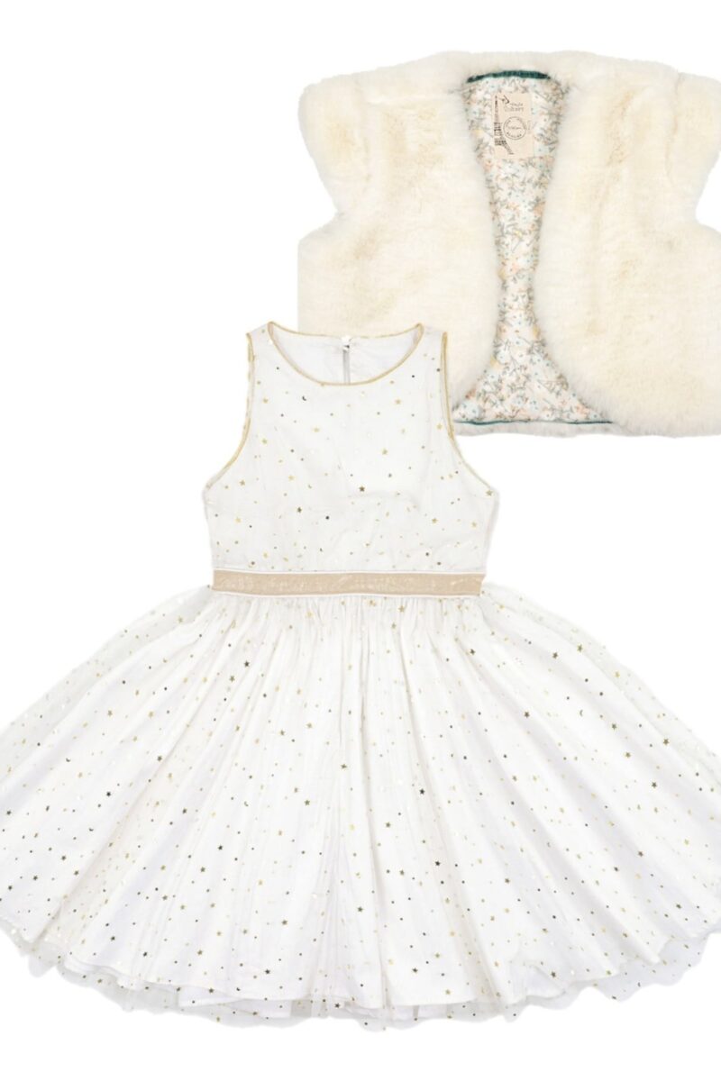 robe de soirée et nouvel an qui tourne en tulle blanche et paillettes étoiles dorées