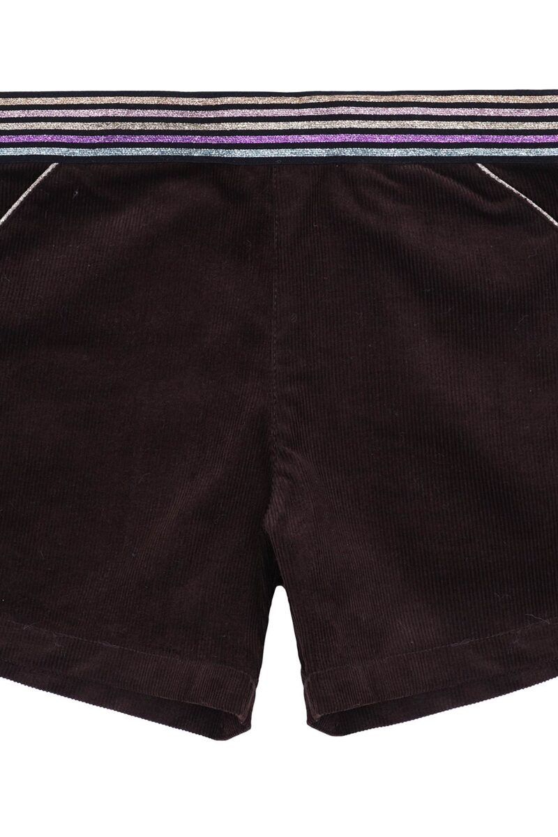 Short winter girl in brown velvet and integrated belt with multicolored sequins pink